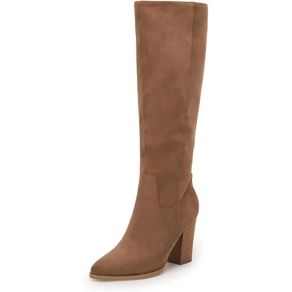 Women Faux Sueder Brown Knee High Chunky Heel Side Zipper Stretch Winter Boot